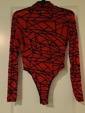 Red Geometric Long-Sleeve Kids Bodysuit with Black Line Pattern